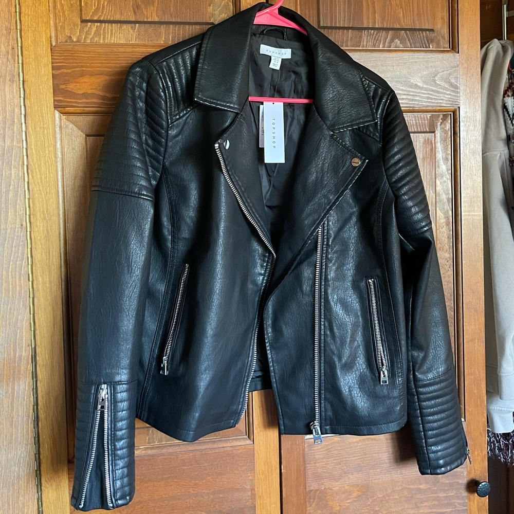 TOPSHOP Biker Faux Leather Black Zip-Up Jacket